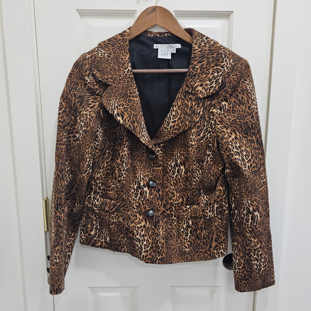 Maggy London Leopard Print Blazer Jacket Womens 10 Brown Cotton Stretch Tailored